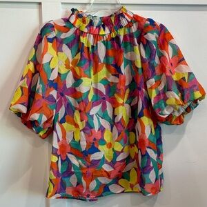 THML Multicolor Floral Puff Sleeve Blouse - Pink Red Yellow Green Blue Purple